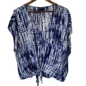 3/ $21 Torrid Blue and White Tye Dye Blouse with Front Tie - Size 1X